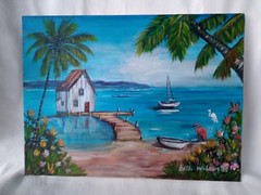 Beach House Seaside Original Coastal Painting 9×12 Canvas Wall Art Home Decor