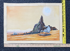 Science Fiction Watercolor Spaceship Landing Party Bird Planet Signed J. Wilson