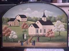 Vintage Folk Art Painting on Wood of Wedding Church Landscape signed