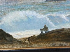 Vintage oil painting Moody Seascape with Figure on Rocks 13 x 17 in. framed