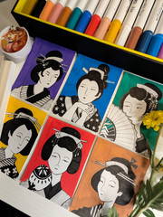 ACEO Original Art Card Ink Painting Japanese Geisha Portrait by Tsarina Sofia