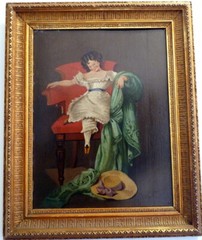 Antique c.1830s Charming Oil Board Painting GIRL ON RED CHAIR Biedermeier German