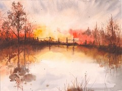 Original Watercolor Landscape Painting Sunset Lake Reflection 11×8.5 Signed Art