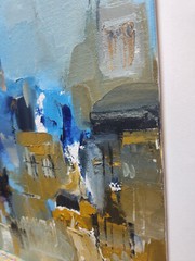 Original oil painting 12″x12″ Abstraction Contemporary art Blue Brown Roofs City