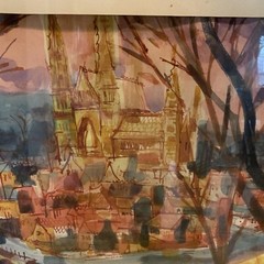Gouache Watercolor Painting Church 37×30” by Aldo German French Cityscape rare