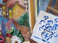SUZANNE ETIENNE, OREGON MODERN IMPRESSIONIST FLORAL VASE TABLE FLOWERS CITY OIL