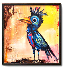 Colorful Bird Wall Art 12×12 Original Whimsical Pop Art Painting Decor