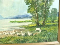 Antique Parading Ducks Fisherman Couple Seascape O/C Painting