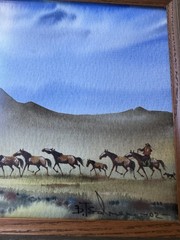 Damba Tsolmon – Original Framed Watercolor Horses and Yurt – Mongolian Art -2002
