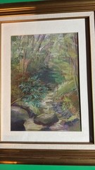 Original Pastel Landscape Painting Stream in Forest Signed M Barraclough Framed