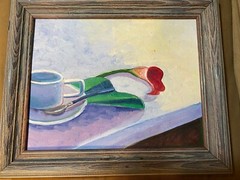 „Tabletop Still Life With Cup And Flower“ Oil On Canvas Board Painting – Framed