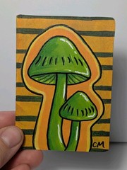 Original ACEO Green Mushroom Stripes Acrylic Hand Painted Art By CM Card