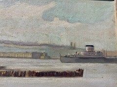 Mid-Century Oil Painting Fisherman Harbor Scandinavian B. Forsberg Artist