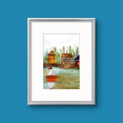 Cabins On The Lake Abstract Expressionist Original Watercolor Museum Quality 5×7