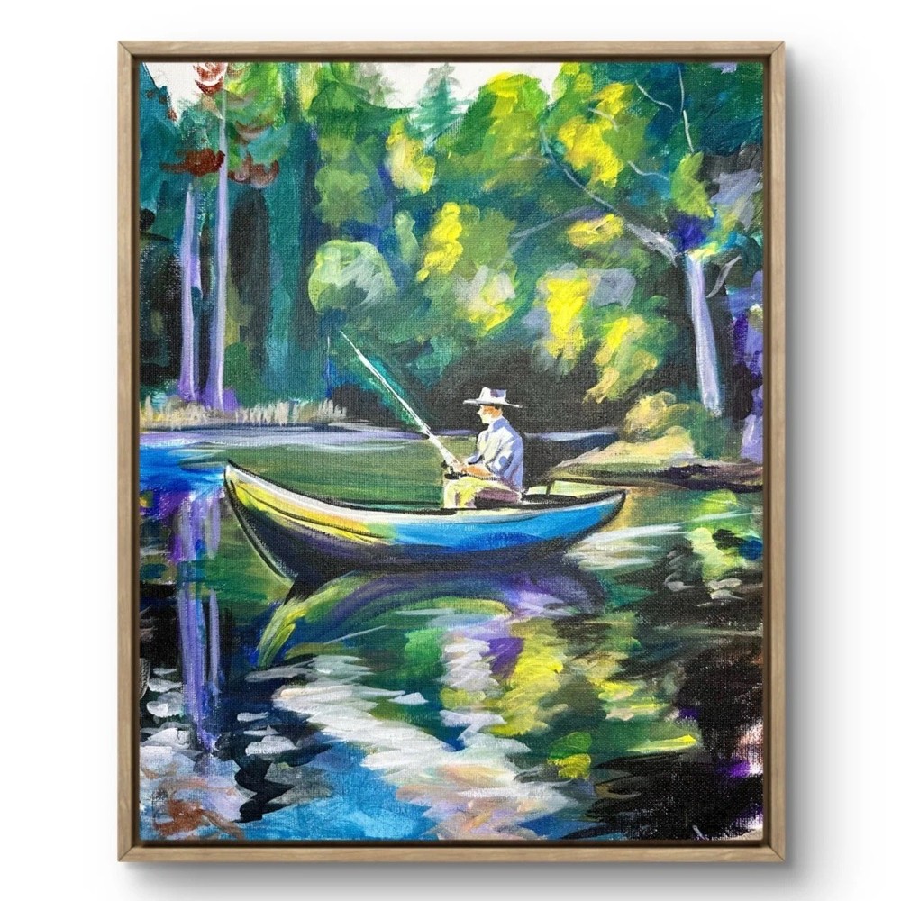Fishing Trip Boat Pond Abstract Landscape – Vibrant Expressionist Nature Art