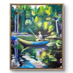 Fishing Trip Boat Pond Abstract Landscape – Vibrant Expressionist Nature Art