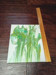 Original Acrylic Pour Painting 10″x 8″ Green and White Abstract Signed J.S.J
