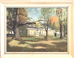 Vintage 1950 Barclay Rubincam (1920-78) Oil/Masonite “Meeting House” Painting