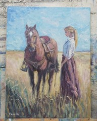 Sean Wu original oil painting, 12×16 on stretched canvas, girl & horse