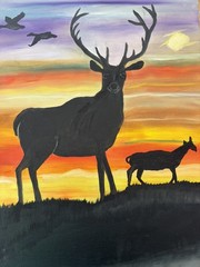 Original oil painting 11 x 14 inches buck deer in silhouette at sunset
