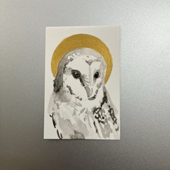 Original Owl In Sunset Painting realism Miniature Bird Art Sumi-e Ink Gold USA