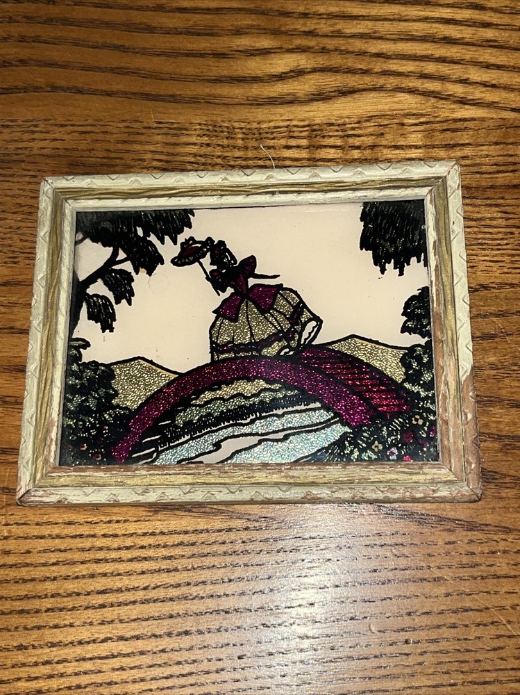 Vintage Woman On Bridge Etched on Glass Painting Metallic Mini 4.5×3.5” Framed