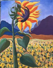 Original Oil Sunflower Modern Mountains Flower Expressive Bold Gold Orange Blue