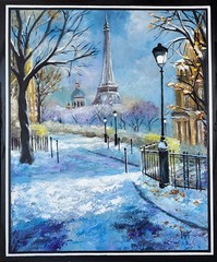 NO IMPORT FEE Yary Dluhos Paris Eiffel Tower Winter Snow Original Oil Painting