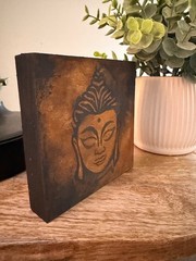 Small Art Contemporary Abstract Buddha Painting on Wood Panel Shelf Sitter