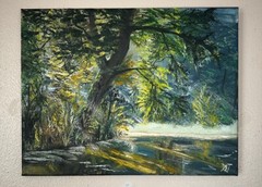 Mossy Lake Tree Landscape Oil Canvas Painting Signed Original
