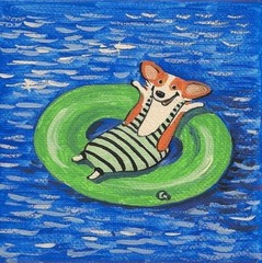 4X4 PRINT OF PAINTING PEMBROKE WELSH CORGI FOLK ART RYTA BEACH dog vacation 🌺