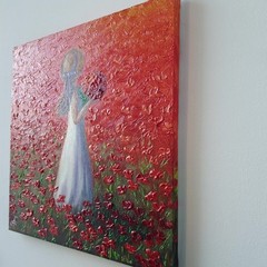 Original Oil Portrait Painting Woman Red Poppy Field Summer Canvas Art Romantic