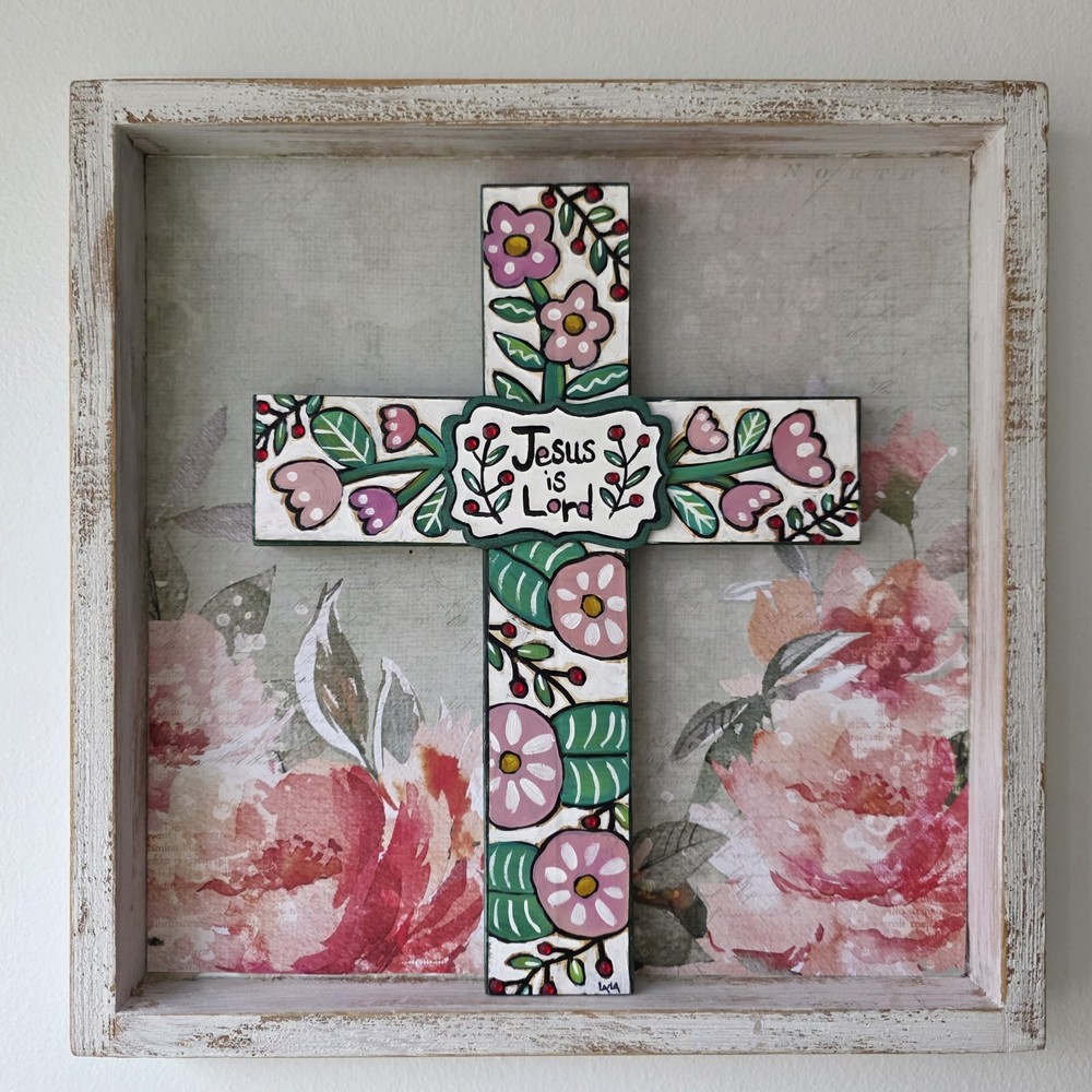 Folk Art ORIGINAL Christian Cross Jesus is Lord White Shabby Chic Pink Flowers