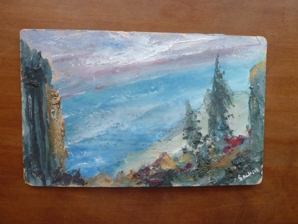 Signed Impasto Impressionist Painting Landscape with Trees Beach Mountains