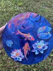 Original Koi Fish And Lily Pad Pond Painting 8” On Canvas OOAK By Jada Appleton