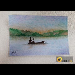 Post Card Size Original Ballpoint Pen Hand Painting Sri Lanka lake landscapes