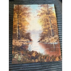 Vintage Autumn Landscape Oil Painting Forest River Scene Signed Artwork