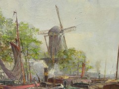 Dutch School mid 20th century impressionist painting canal scene and windmill