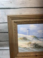 Nautical Oil Painting Signed Boat Coastal Beach Land Seascape Seagulls Framed