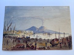 19TH CENTURY PAINTING MOUNT VESUVIUS VOLCANO ERUPTION LANDSCAPE ANTIQUE 1835