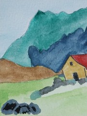 GAT Original Painting 4×4 Red Roof House Landscape Cottagecore Homedecor Art