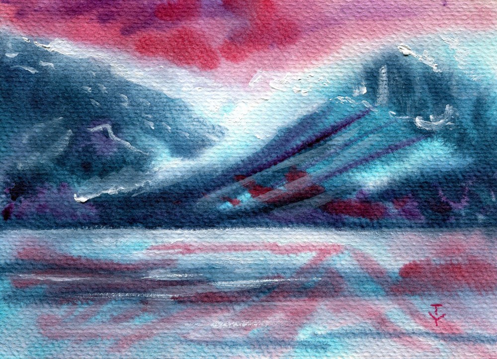 Watercolor painting ORIGINAL art Ocean Sunrise sunset seascape landscape 5×7″