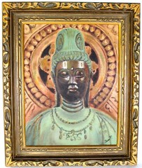 ANTIQUE ORIGINAL OIL PAINTING CANVAS SIGNED JEAN BUDDHA KANNON BODHISATTVA JAPAN