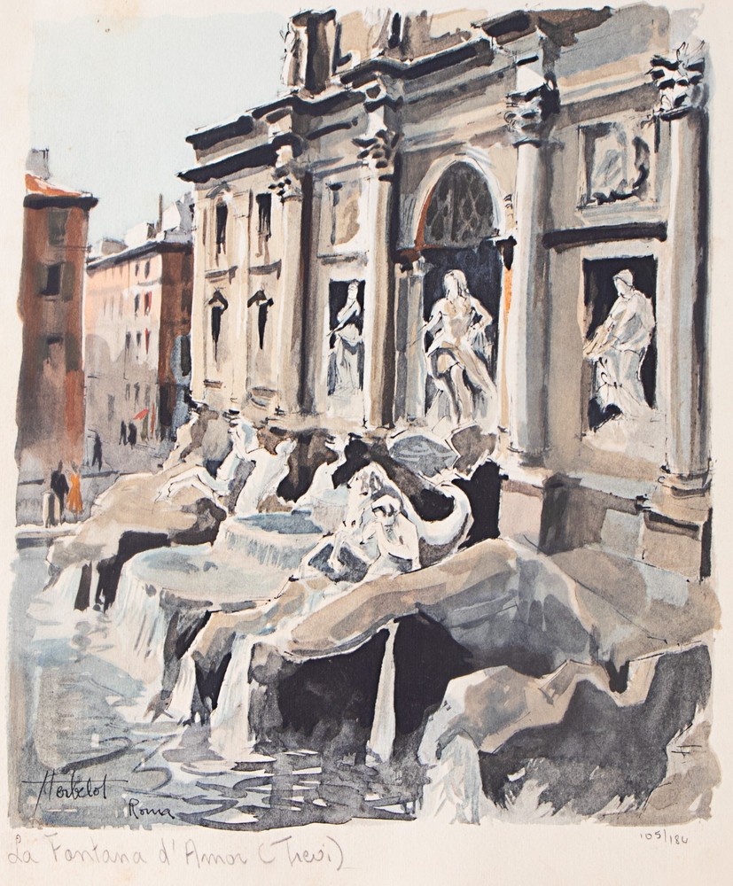 Franz Herbelot French Watercolor Fountain Trevi Rome Italy Signed Numbered