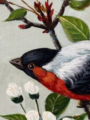 American 20C, J. Miller, Oil Painting on Canvas, Bird, Bullfinch on a Tree