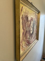 Vintage Kissing/Fighting Roosters Oil On Canvas 60s Spain Framed Art Signed mcm