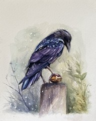 5×6 100% Hand Painted Original Watercolor Raven Art “Sneaky little Keeper”