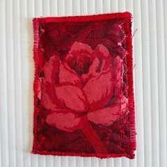 ACEO Original Art Quilt Embroidery Red Rose Flower Floral