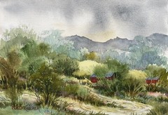 Pamela Wilhelm original 7”x10” Watercolor Red Barns Back Road Summer Landscape
