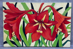 MAUREEN LANZA RED LILIES ORIGINAL FLORAL PAINTING 24″ X 36″ GALLERY WRAPPED ART